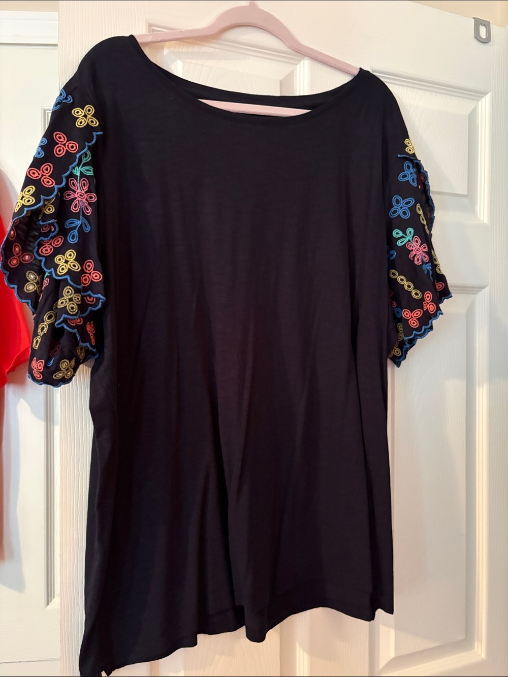 Talbots Black Midi Dress with Multicolor Embroidered Puff Sleeves